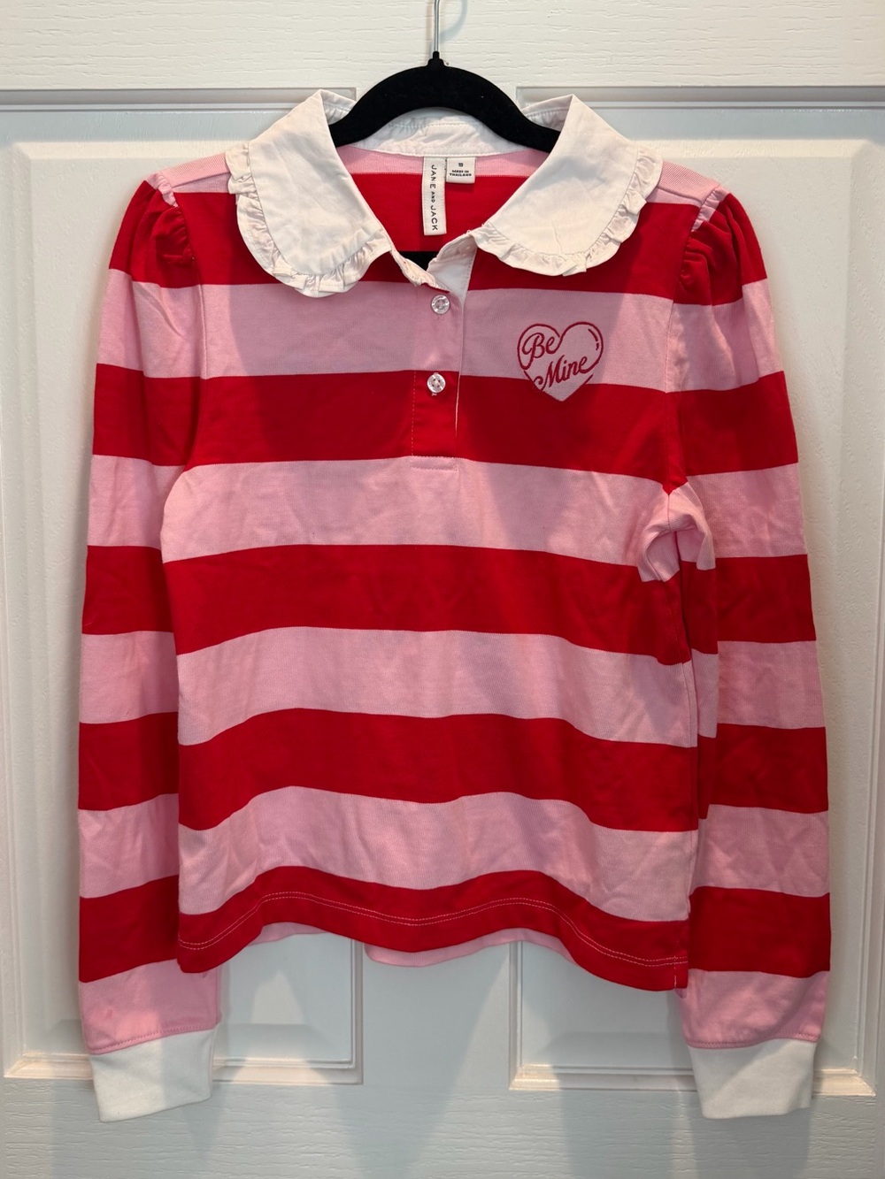 Janie & Jack Pink/Red Striped Long Sleeve Ruffled Collar Shirt w/ “BE MINE” ❤️